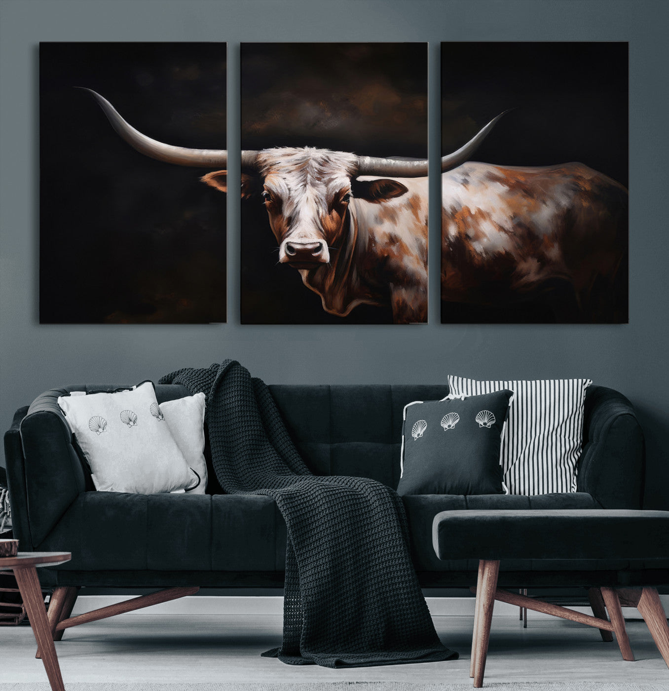 MGV-CV-60X30-3P - Texas Longhorn Wall Art Canvas Print | Western Ranch Decor | Bold Rustic Cattle Artwork | Ready to
