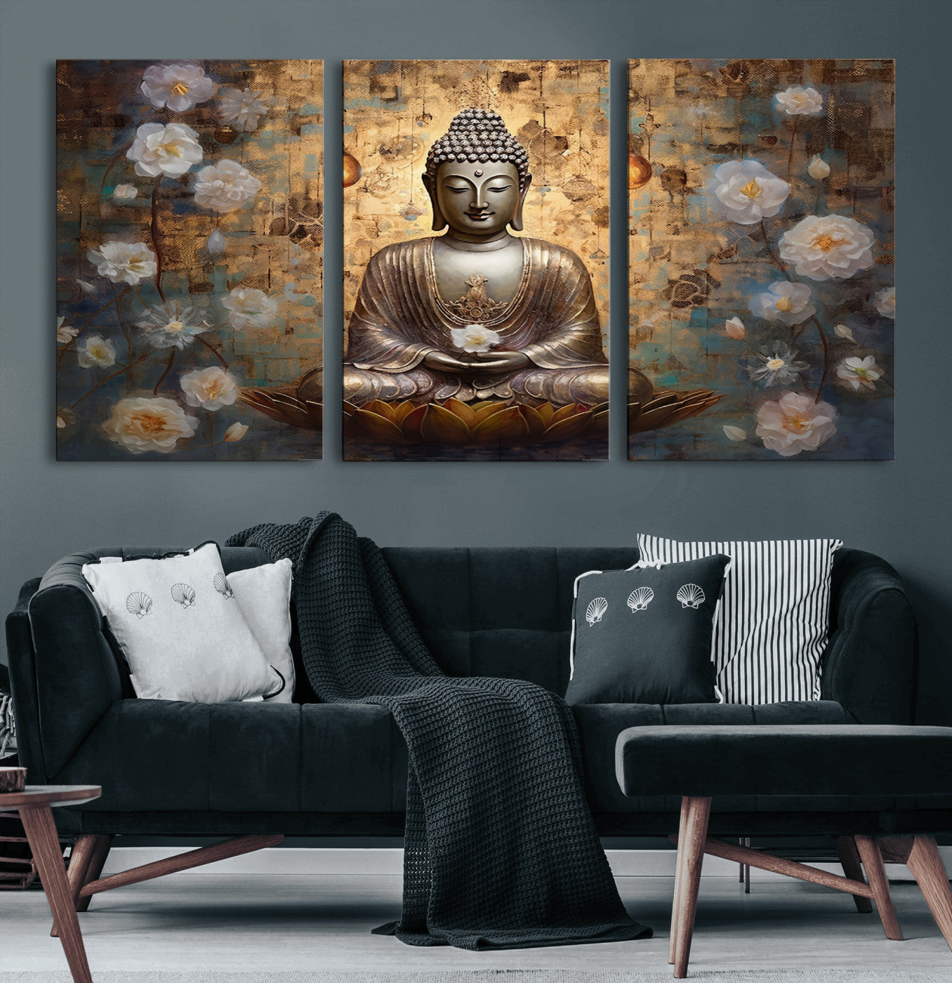 MGV-CV-60X30-3P - Golden Buddha Wall Art Canvas Print | Zen Meditation Floral Decor | Tranquil Spiritual Home Art |