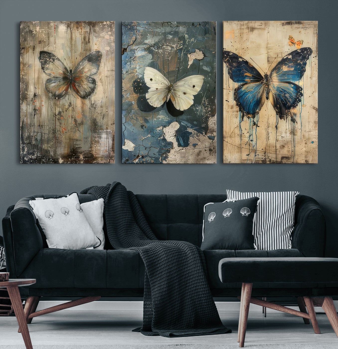 15201-MGV-CV-60X30-3P-Butterfly Wall Art Trio | Vintage Butterfly Canvas Print | Ready to Hang Framed Artwork for