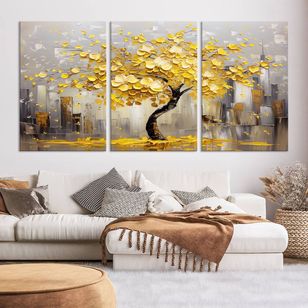 A framed canvas print from the "Golden Tree Canvas Print | Abstract Wall Art for Modern Homes | Ready to Hang Framed Artwork" collection hangs elegantly against the dark wall, epitomizing exquisite abstract wall art.