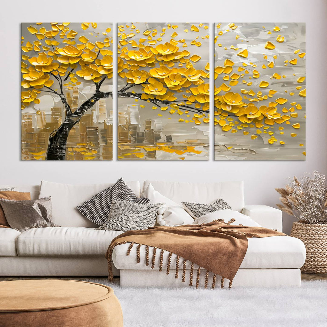 Yellow Blossom Tree Canvas Wall Art, featuring a floral abstract modern design, is elegantly displayed against a dark wall. This sophisticated piece enhances the contemporary aesthetic of the space.