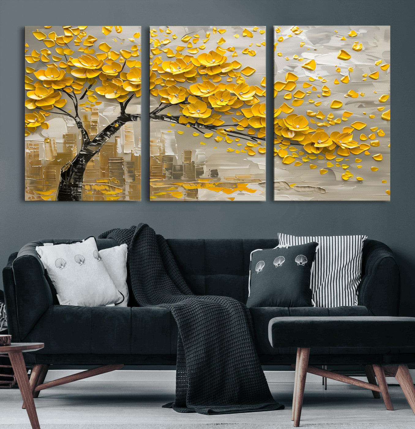 MGV-CV-60X30-3P - Yellow Blossom Tree Canvas Wall Art - Floral Abstract Modern Contemporary Artwork for Living Room or