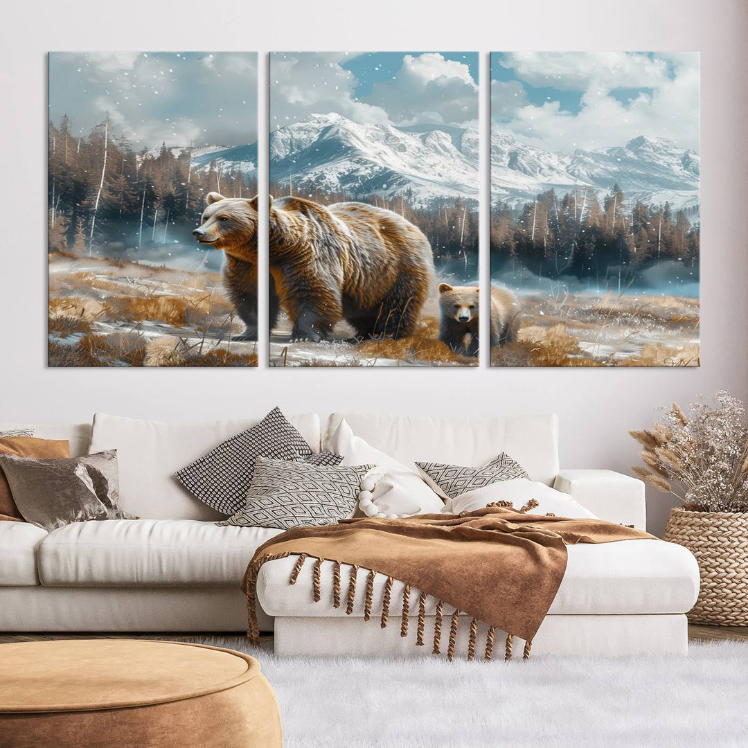 The modern living room features a Bear and Baby Bear Wall Art Canvas Print depicting a snowy mountain landscape, making it a stunning visual piece and a meaningful gift idea.