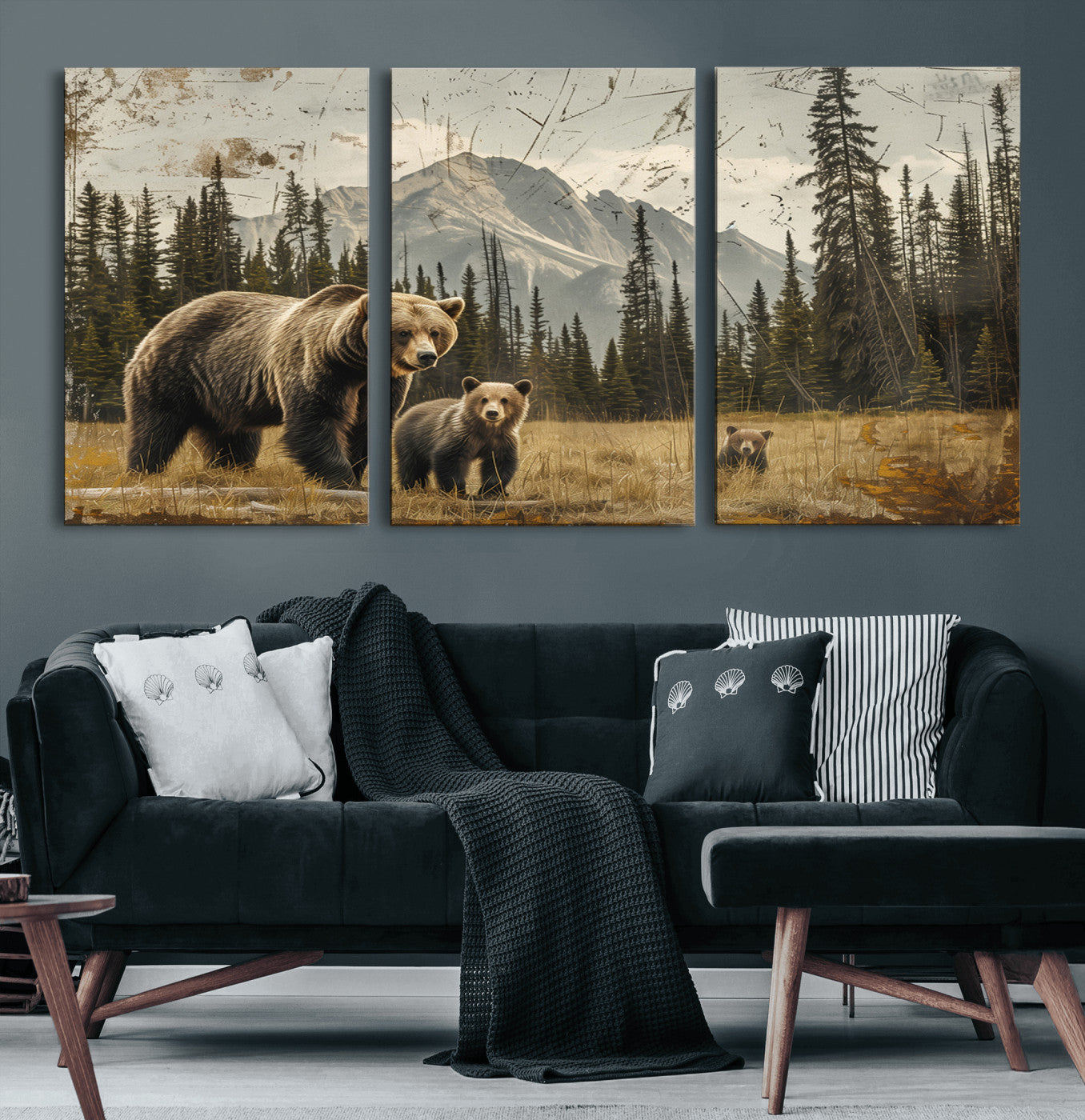 76614-MGV-CV-60X30-3P-Rustic Grizzly 399 Bear Family Wall Art Canvas Print