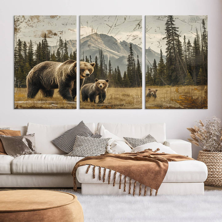 Displaying the Rustic Grizzly 399 Bear Family Wall Art Canvas Print in a modern living space adds remarkable charm. This triptych piece showcases a bear family in the forest, printed on museum-quality canvas and ready to hang, seamlessly enhancing your decor with its striking detail and elegance.