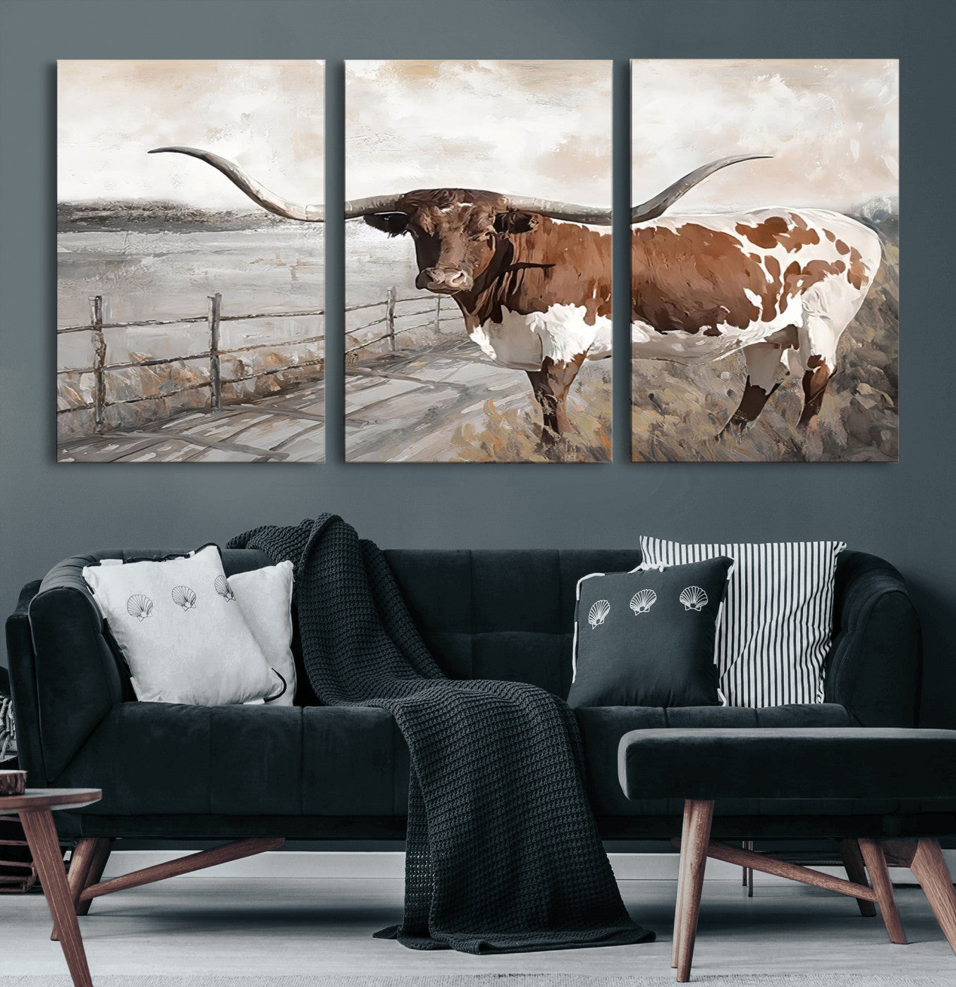 57340-MGV-CV-60X30-3P-Vintage Texas Cow Wall Art Canvas Print, Rustic Longhorn Wall Art | Canvas Print for Farmhouse Decor