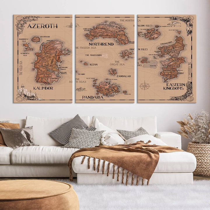 The Vintage Azeroth World Map Canvas Print, a stunning three-piece set, enhances the space with its vintage charm, perfectly complementing your gaming decor.