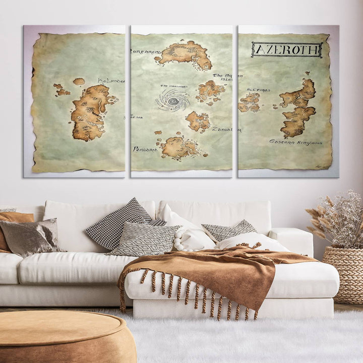 The Azeroth World Map Wall Art Canvas Print, a three-panel vintage piece, brings a cozy fantasy gaming atmosphere to the room.