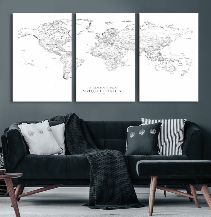 Personalized World Map Wall Art Canvas Print - Custom Push Pin Travel Map Canvas - Framed Map Print for Travel Lover Gift