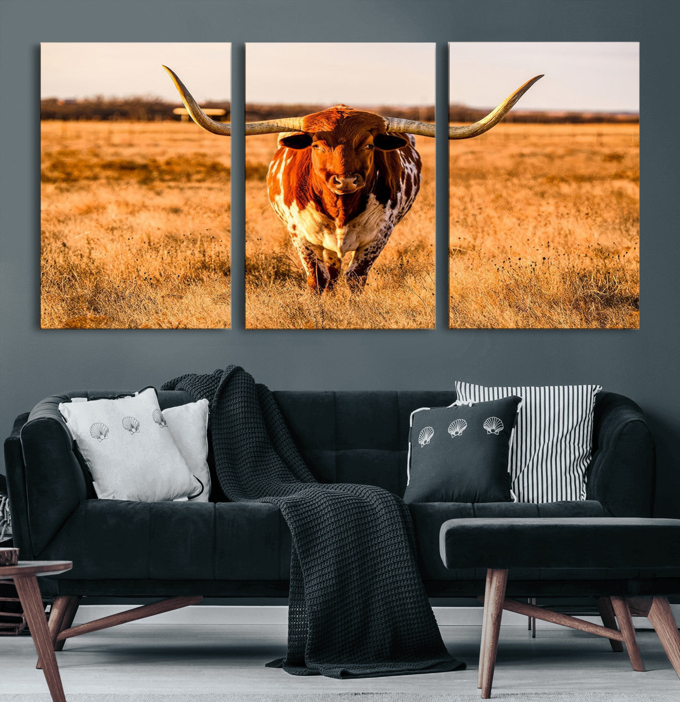 57874-MGV-CV-60X30-3P-Longhorn Cow Wall Art | Ready to Hang Framed Canvas Print for Farmhouse and Barn Decor