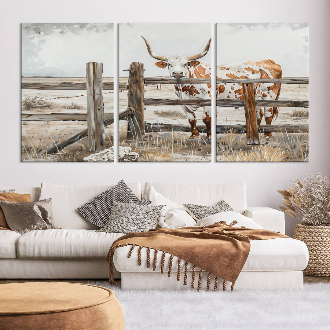 The Abstract Longhorn Cow Wall Art, a ready-to-hang framed canvas print, adds rustic charm and perfectly captures the essence of rural elegance.