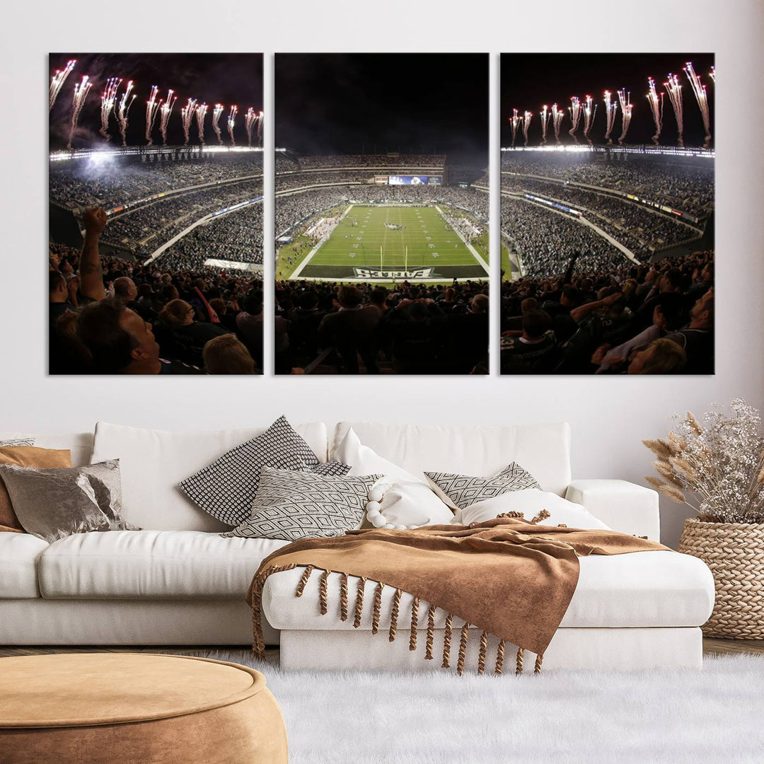 The living room features a spectacular Philadelphia Eagles Football Team Print. This wall art canvas print of Lincoln Financial Field at night captures a Philadelphia Eagles game under the dazzling brilliance of fireworks, making it an eye-catching centerpiece.