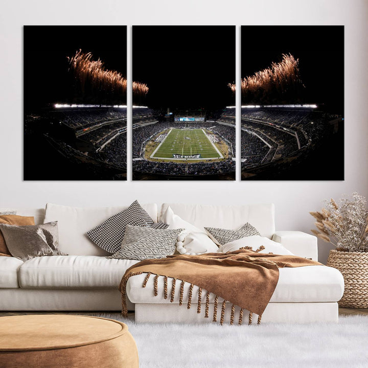 A stunning triptych wall art featuring the Philadelphia Eagles Football Team Print, capturing Lincoln Financial Field with spectacular fireworks.