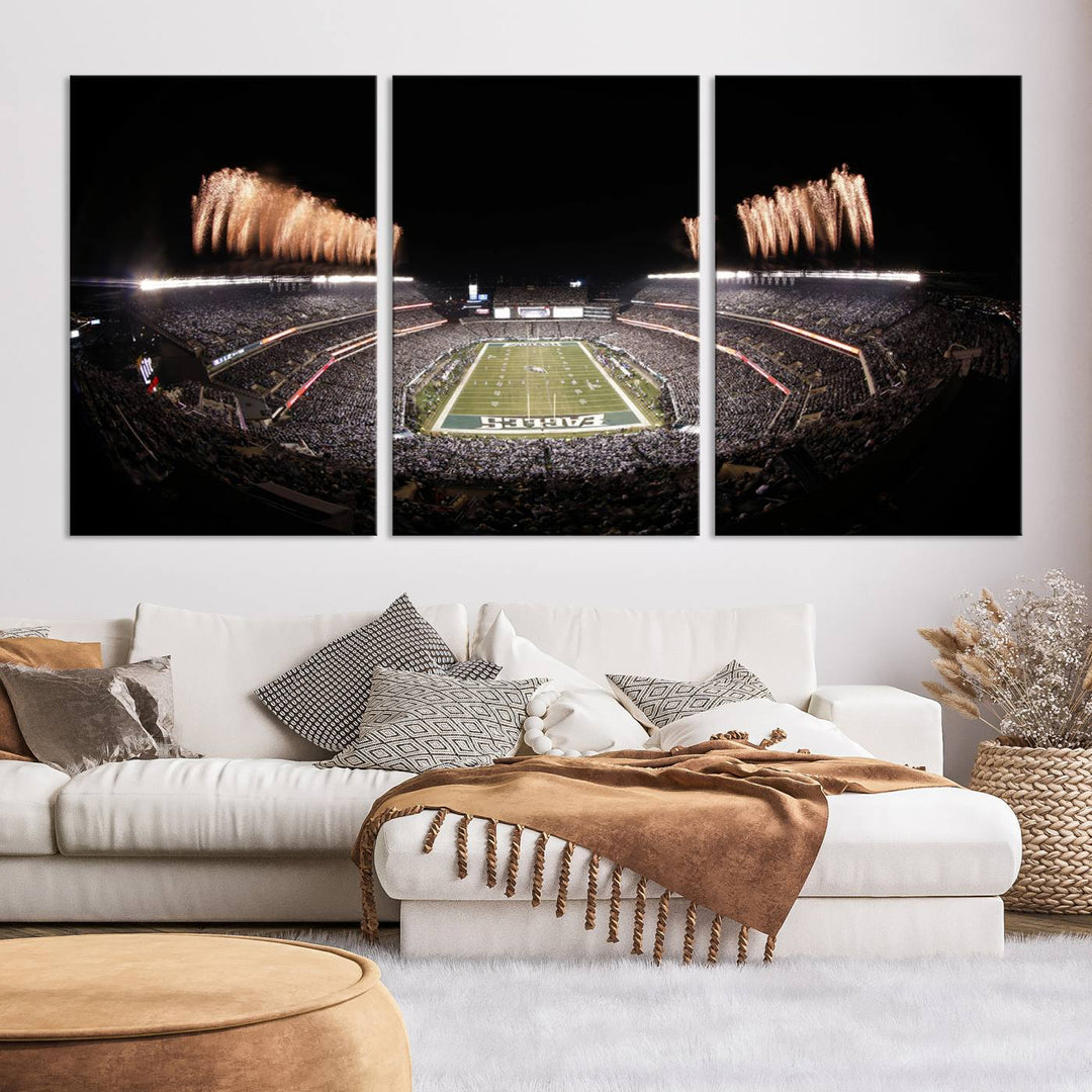 Experience the breathtaking Lincoln Financial Field Fireworks Game captured in this triple canvas wall art. A must-have for any Philadelphia Eagles fan!