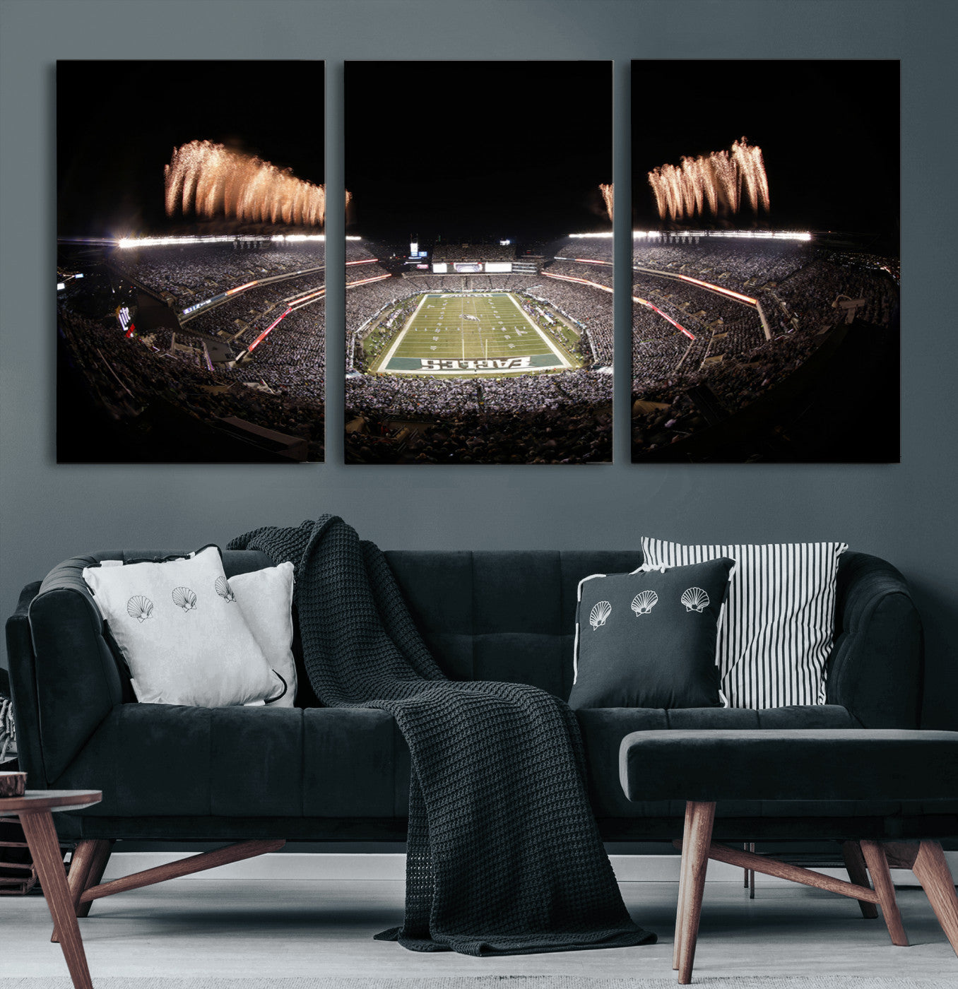 48893-MGV-CV-60X30-3P-Eagles Field Stadium Wall Art - Lincoln Financial Field Fireworks Game Triple Canvas Wall Art -