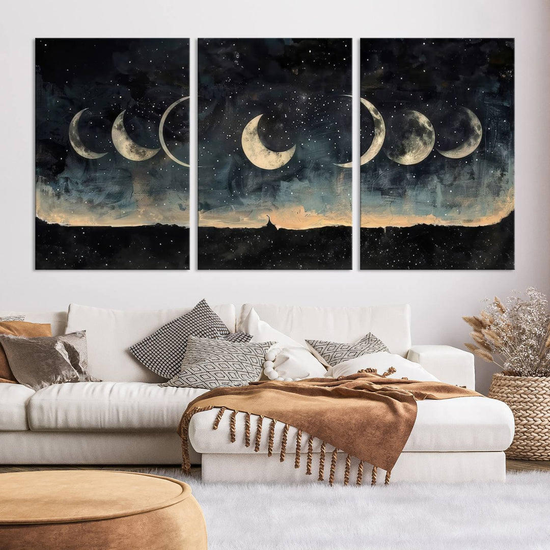 The "Phases of the Moon Wall Art," a framed canvas series capturing the celestial beauty of lunar cycles against a starry night, adds an elegant touch to the contemporary dining room.