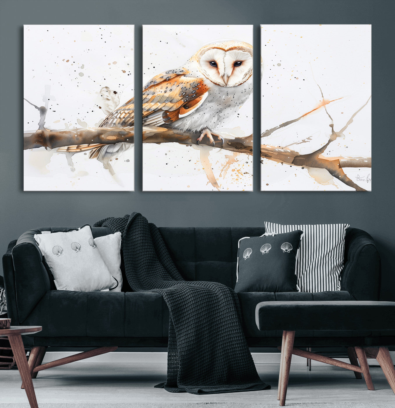 MGV-CV-60X30-3P - Barn Owl Wall Art on Branch | Stunning Canvas Print for Nature Lovers | Ready to Hang and Framed