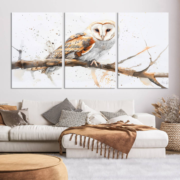 Introduce the tranquility of nature into your home with this stunning canvas print, featuring a Barn Owl on a branch. This triptych wall art, ready to hang and elegantly framed, is perfect for nature lovers seeking serene decor pieces.