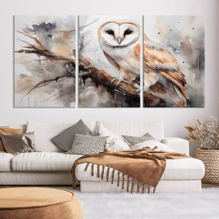 The Barn Owl Wall Art, a watercolor canvas print, elegantly adorns the wall in a modern living room, seamlessly merging farmhouse wall decor with contemporary style.