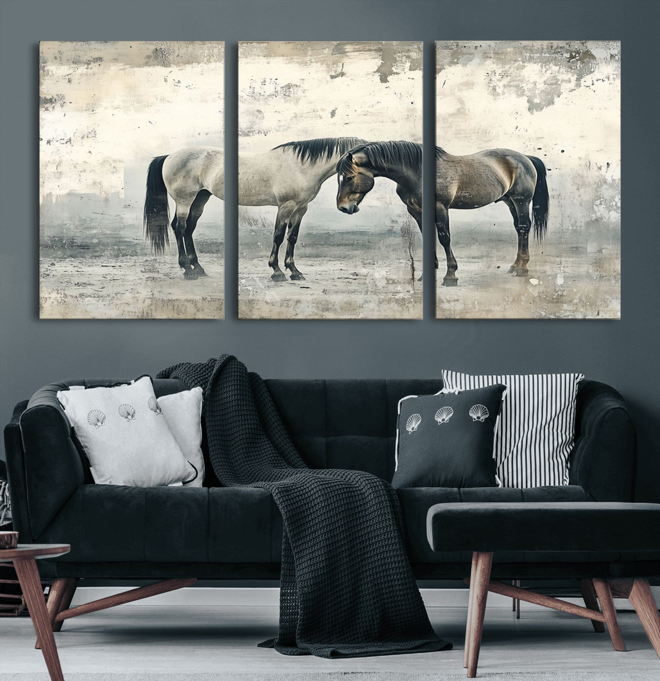 33288-MGV-CV-60X30-3P-Chines Style Majestic Horses Wall Art | Ready to Hang and Framed Triptych Print | Western Farmhouse