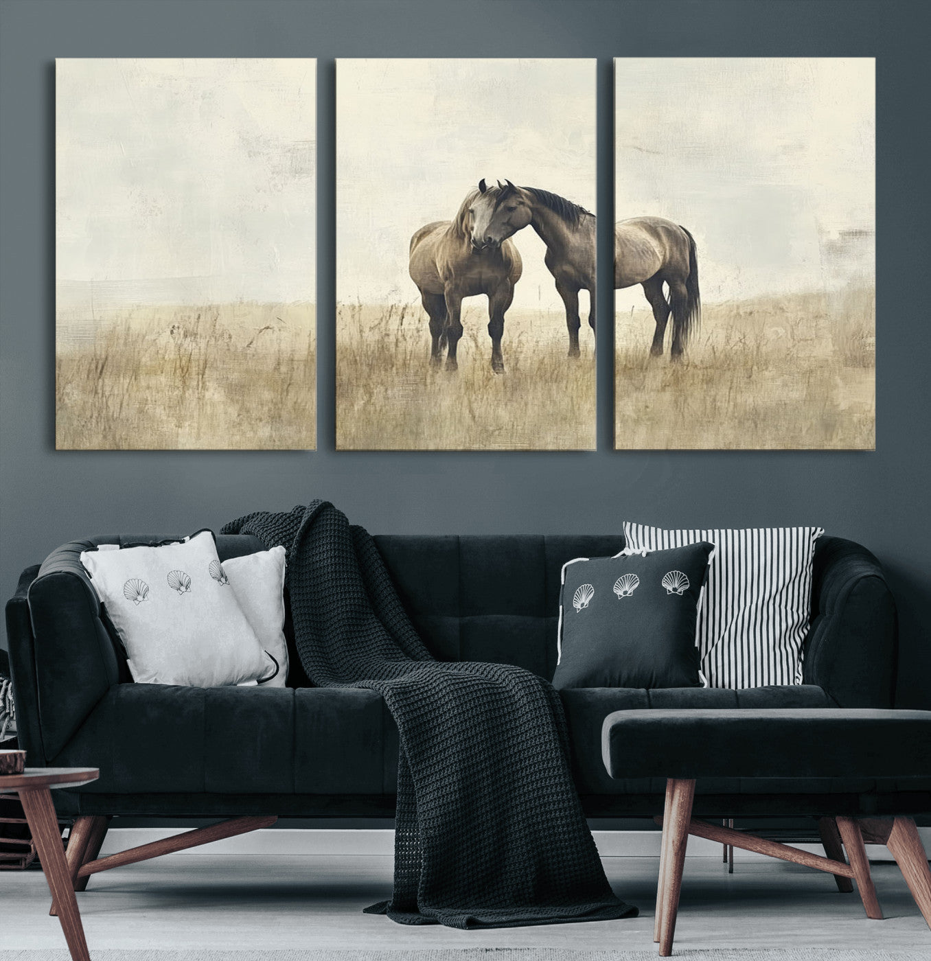 48781-MGV-CV-60X30-3P-Chines Style Grunge Horses Wall Art Canvas Print
