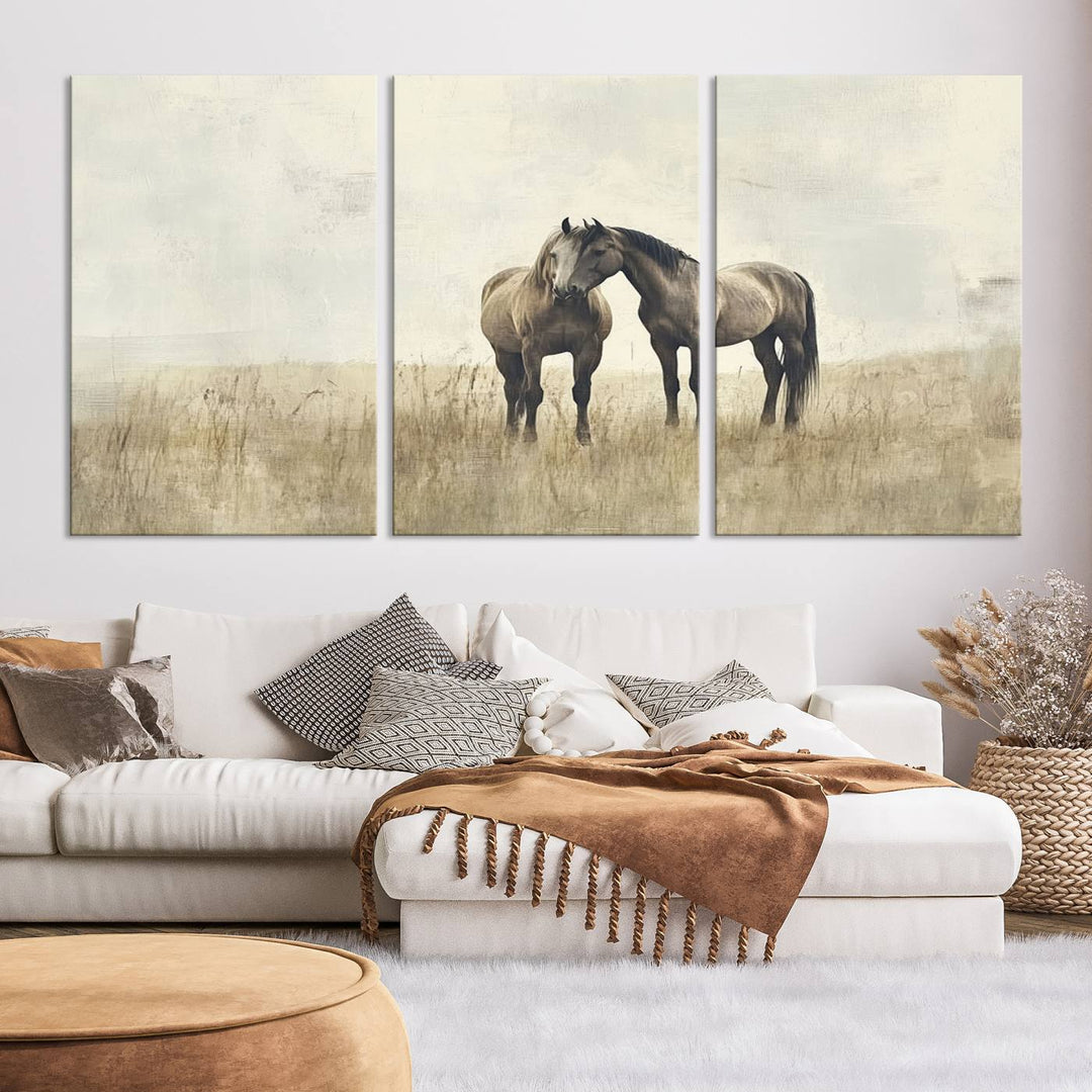 The Chinese Style Grunge Horses Wall Art Canvas Print, featuring a three-panel design of two horses in a misty field, is crafted on museum-quality canvas using high-resolution printing and hangs elegantly.