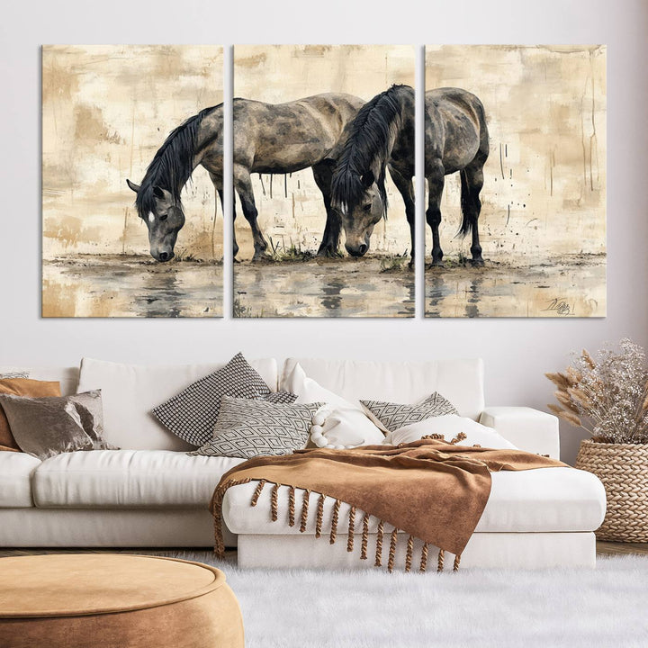 Chines Ink Style Black Horses Wall Art Canvas Print features a triptych painting of two horses drinking at the water's edge.