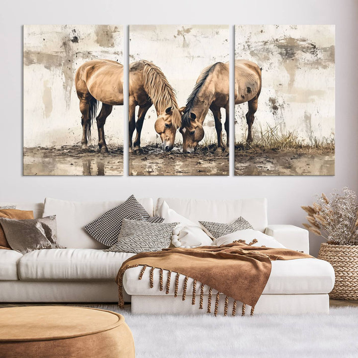 The Vintage Horses Wall Art, a ready-to-hang and framed triptych, beautifully captures two horses gracefully grazing. It perfectly complements the rustic charm of western farmhouse wall decor.