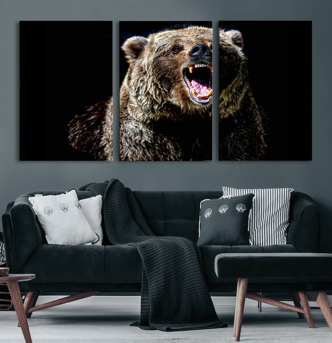 17625-MGV-CV-60X30-3P-Grizzly Bear Canvas Print | Wildlife Wall Art for Cabin Decor | Ready to Hang Framed