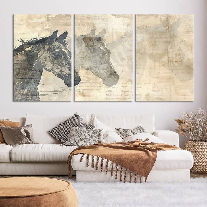 The Abstract Horse Canvas Print in muted tones, a modern farmhouse wall art piece that's ready to hang framed, elegantly decorates the space.