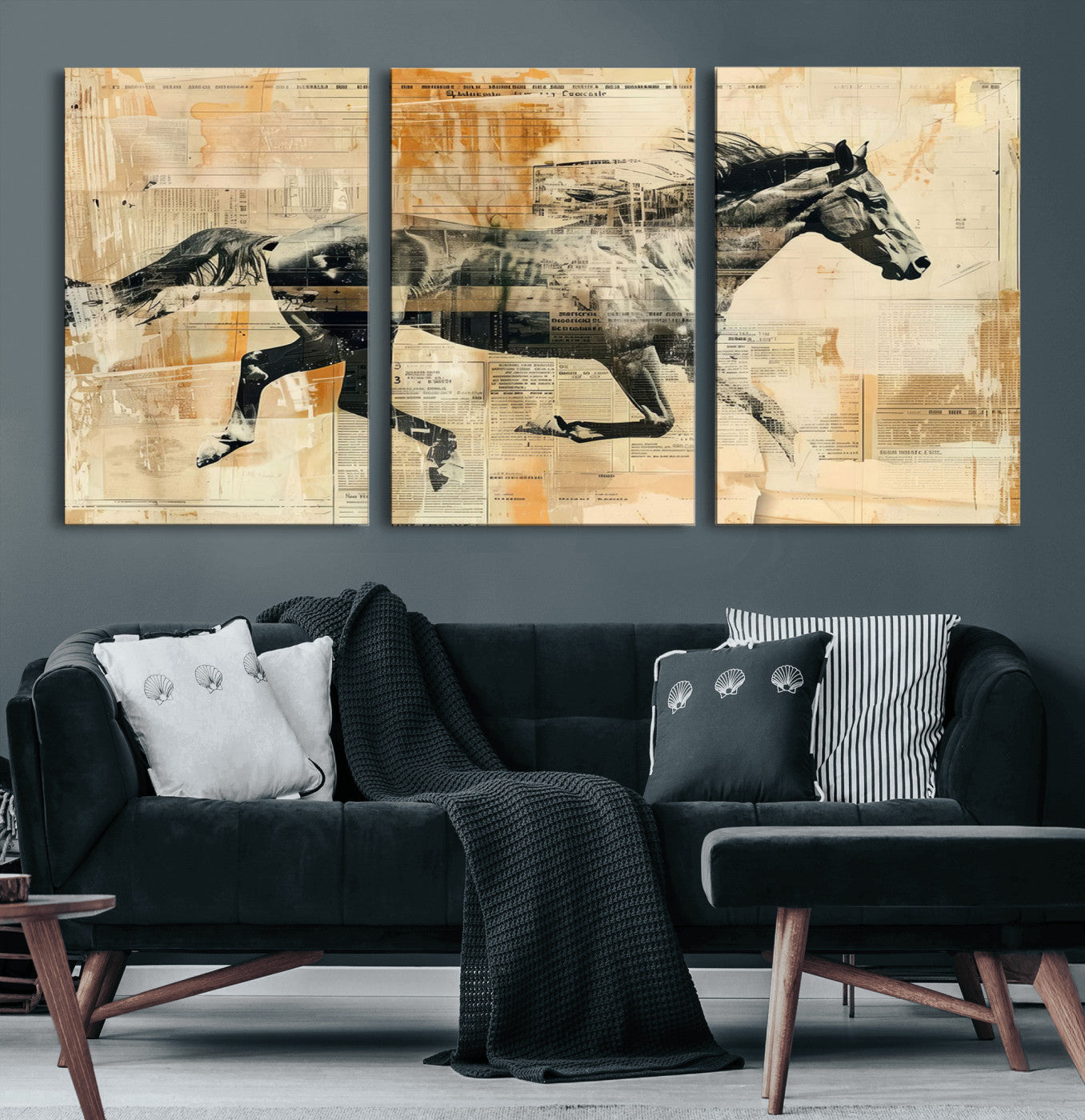22364-MGV-CV-60X30-3P-Chines Style Running Horse Western Wall Art | Farmhouse Wall Decor | Ready to Hang Framed Canvas