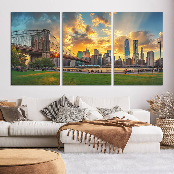 The "Brooklyn Bridge New York Skyline Wall Art" is a ready-to-hang framed canvas print that beautifully captures the cityscape at sunset, showcasing the iconic Brooklyn Bridge and majestic skyscrapers.