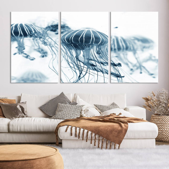 The Abstract Jellyfish Wall Art Canvas Print, a three-panel piece featuring high-resolution printing, hangs elegantly in the room, adding vibrant detail to the space.