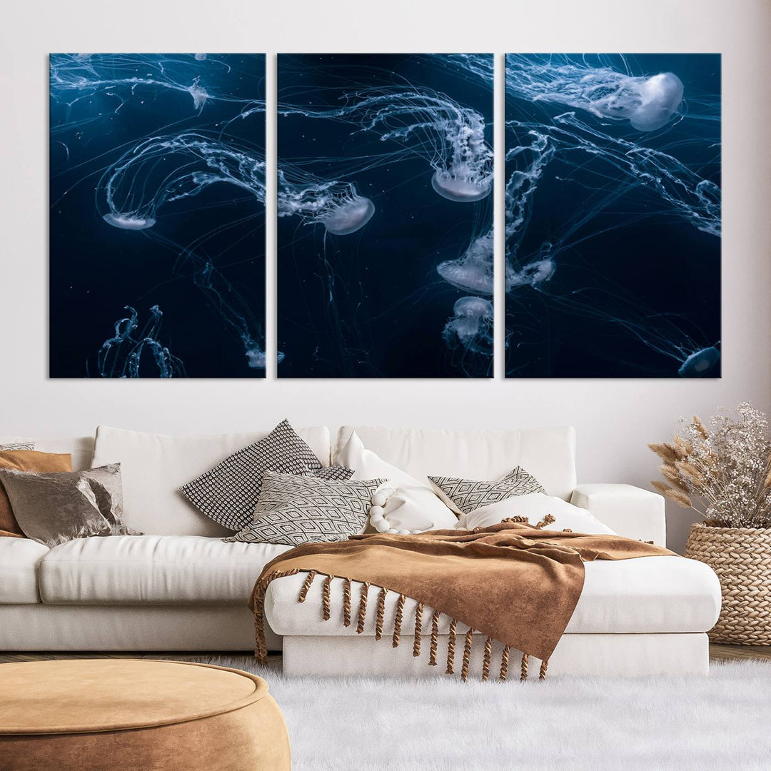 Room with modern decor, featuring the Abstract Jellyfish in Ocean Wall Art Canvas Print on museum-quality canvas.