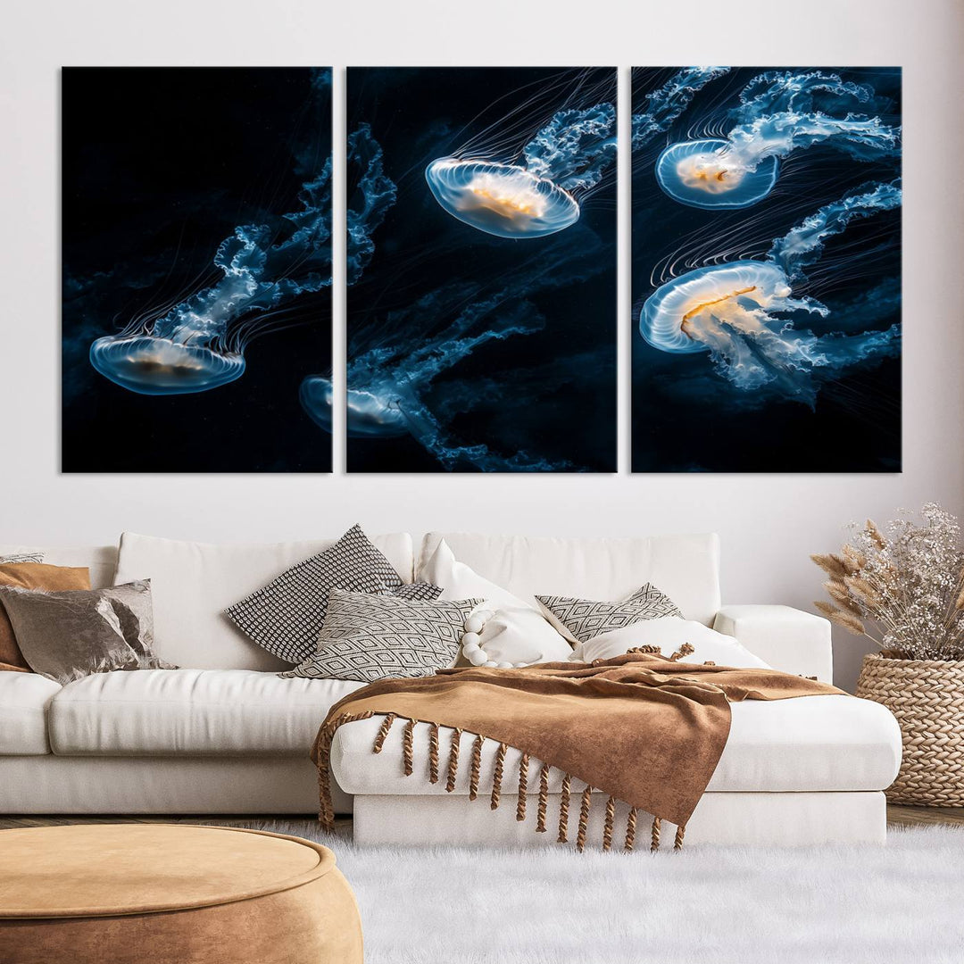 The "Jellyfish Wall Art Canvas Print," featuring a sea-themed design of glowing jellyfish, is displayed in high-resolution on museum-quality canvas.