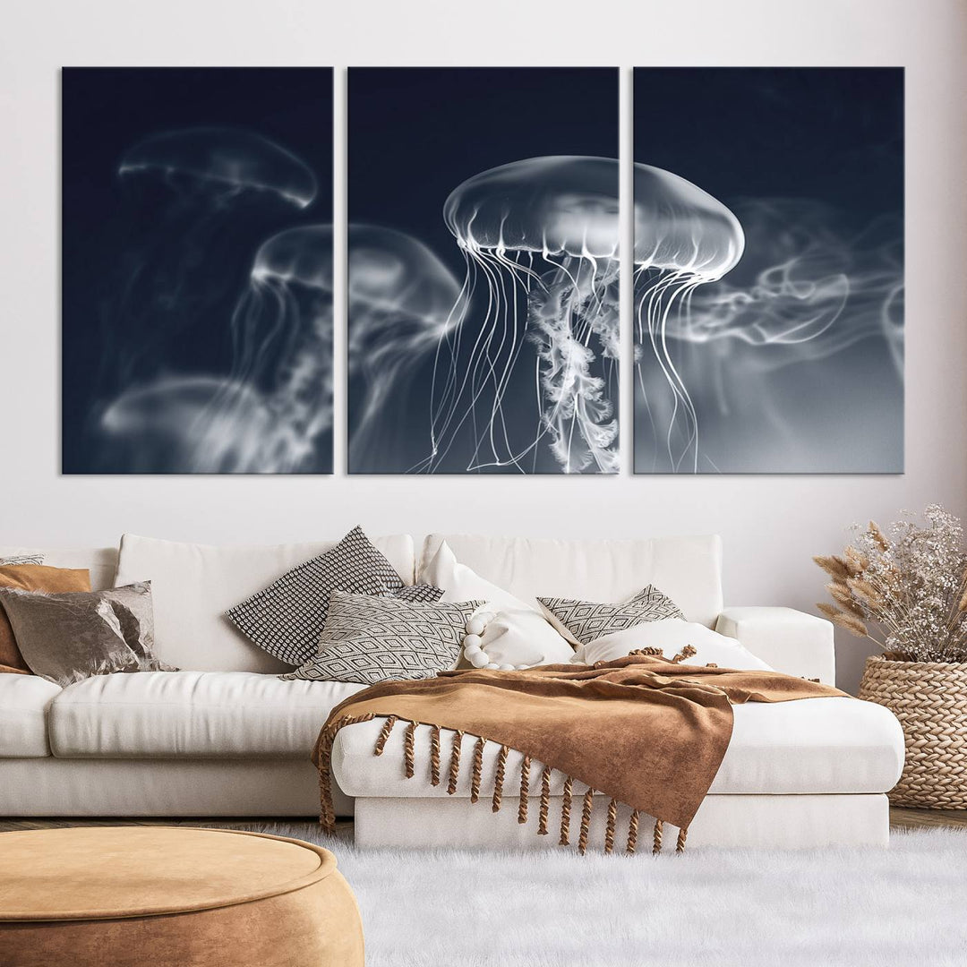 A stunning Jellyfish Wall Art Canvas Print showcases museum-quality canvas through high-resolution printing.