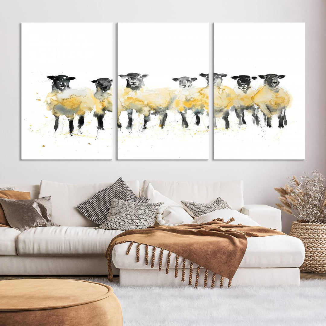 The Farmhouse Wall Art Sheep Print, ready to hang as a framed canvas, adorns the black wall, adding a hint of rustic barn decor.