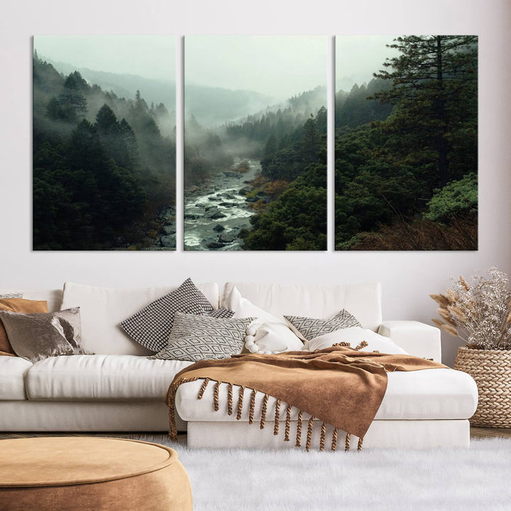 Misty Forest Wall Art | Ready to Hang and Framed | Tranquil Nature Landscape for Living Room or Cabin Wall Decor