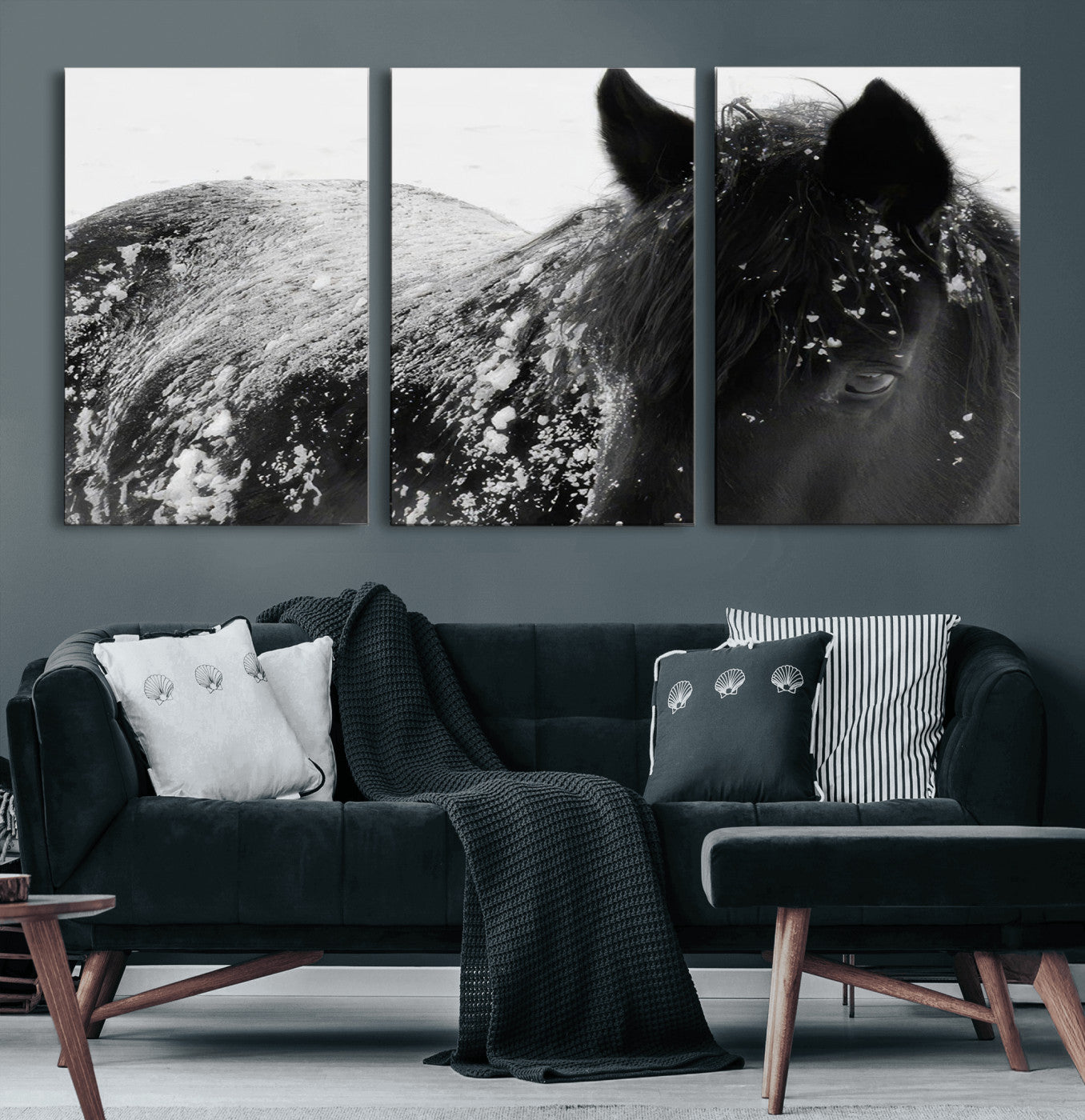 52886-MGV-CV-60X30-3P-Black Horse in Snow Canvas Print | Winter Horse Wall Art | Ready to Hang and Framed | Farmhouse Wall
