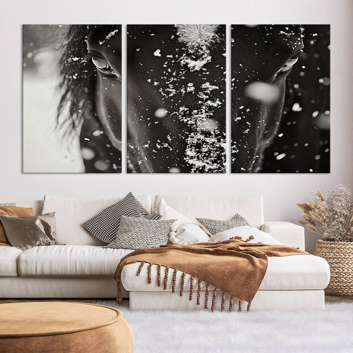 The Winter Horse Snow Wall Art Canvas Print, a black and white triptych showcasing a snow-covered horse's face, infuses the space with rustic cabin decor.