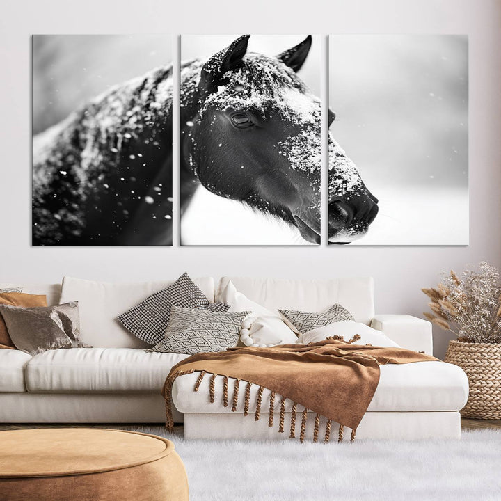 A set of Winter Horse Snow Wall Art Canvas Prints hangs, creating the perfect touch of Rustic Cabin Decor.