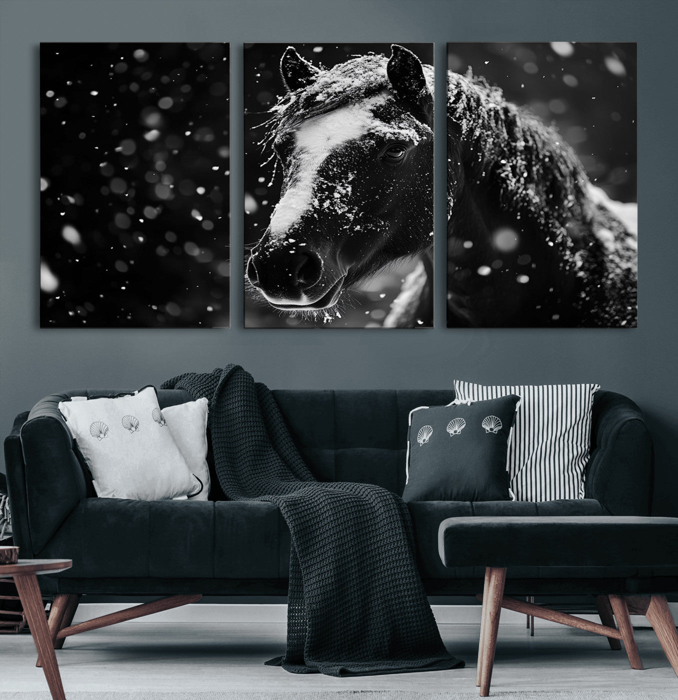 MGV-CV-60X30-3P - Winter Horse Wall Art | Black and White Horse Print | Ready to Hang and Framed | Farmhouse Wall Art