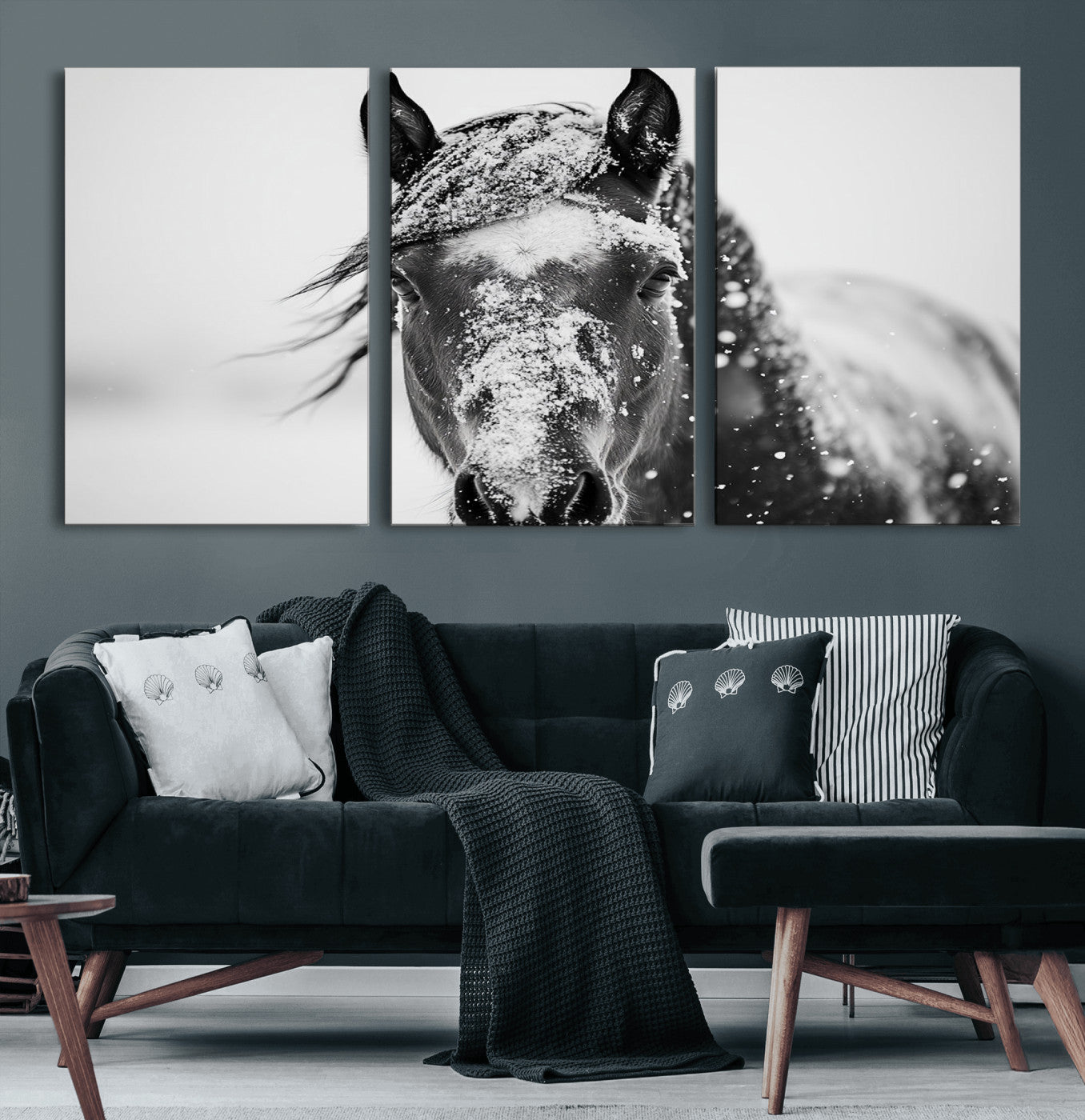 MGV-CV-60X30-3P - Western Wall Art | Black and White Winter Horse Wall Art | Ready to Hang and Framed | Farmhouse and