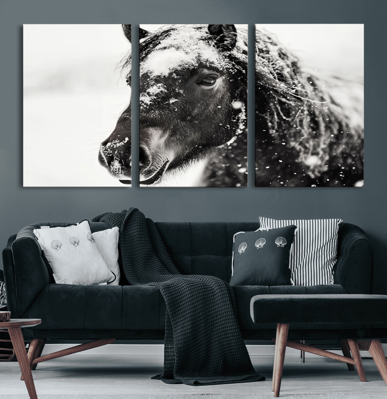 MGV-CV-60X30-3P - Framed Black and White Horse Wall Art | Ready to Hang and Framed | Farmhouse and Western Wall Decor
