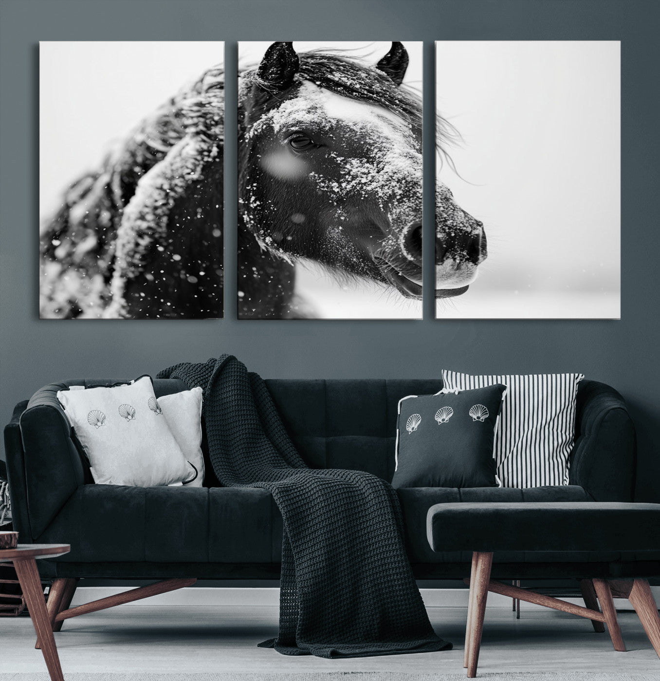 52374-MGV-CV-60X30-3P-Winter Horse Canvas Print | Large 3-Panel Black White Equine Photography for Rustic Farmhouse Wall