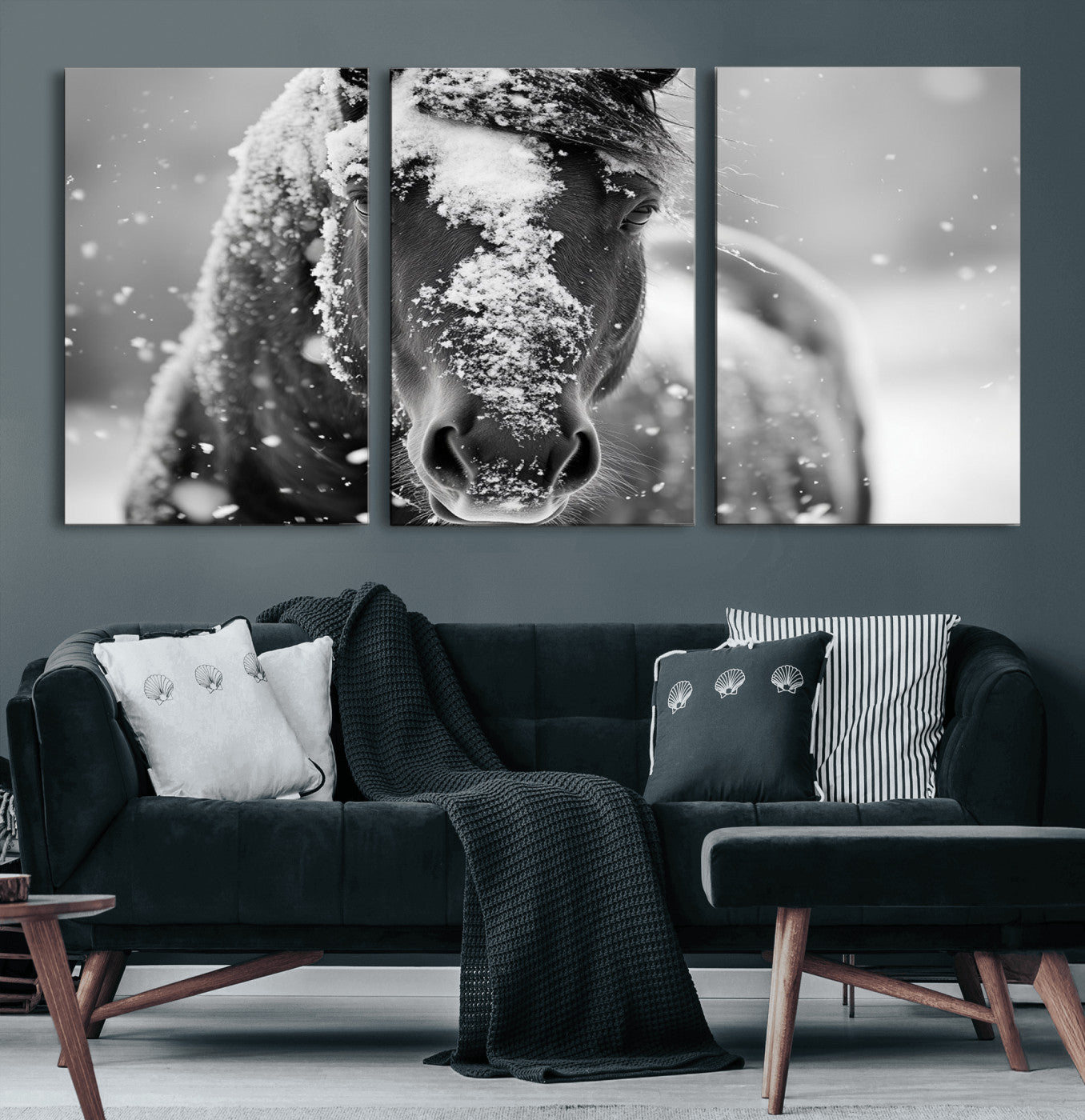 MGV-CV-60X30-3P - Black and White Horse Winter Wall Art | Ready to Hang and Framed | Farmhouse Wall Decor | Western