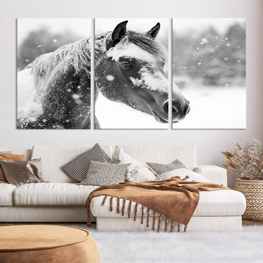 The Black Horse Winter Wall Art, framed and ready to hang, is beautifully displayed as farmhouse and western wall decor.