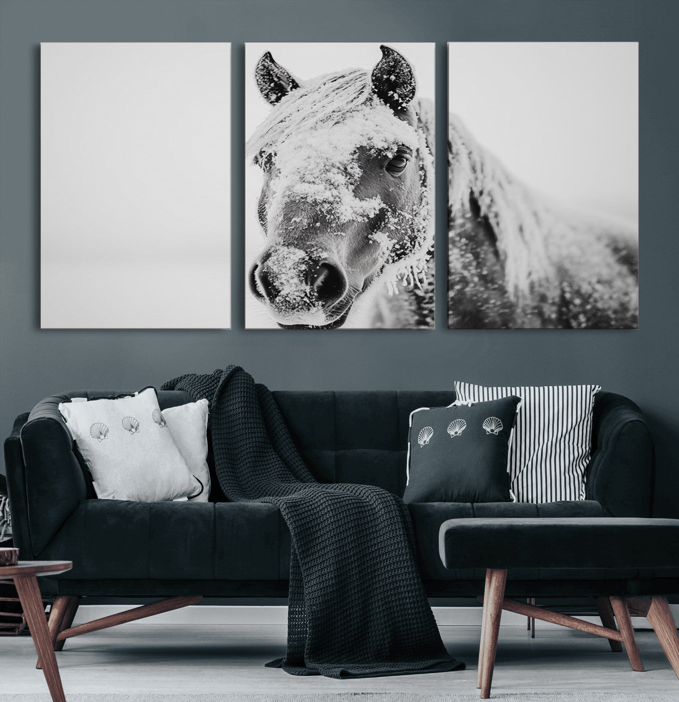 MGV-CV-60X30-3P - White Horse Wall Art | Ready to Hang and Framed | Winter Horse Wall Art Print for Farmhouse and