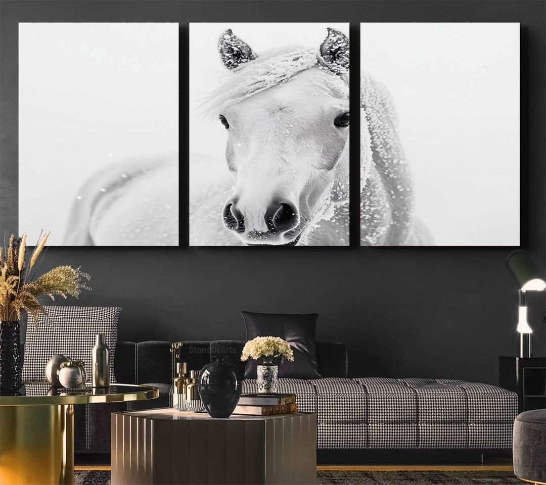 The dining room features the Majestic White Horse Wall Art, adding to its rustic charm.