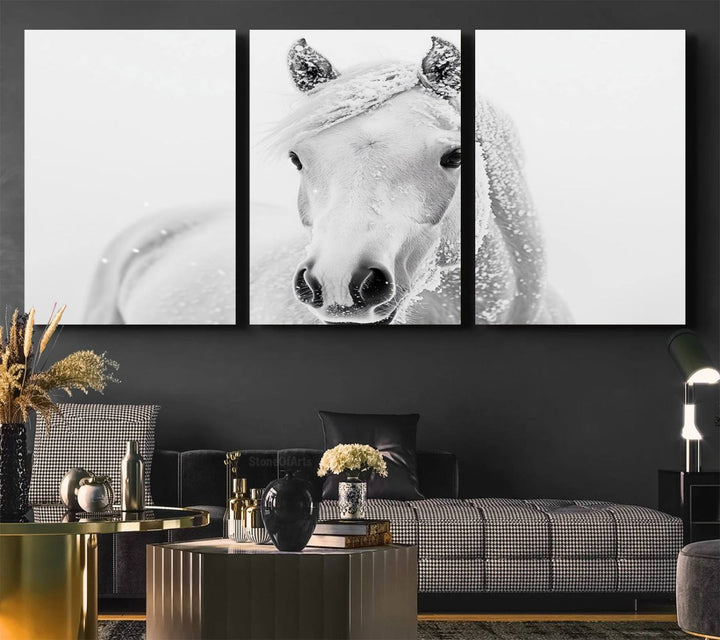 The dining room features the Majestic White Horse Wall Art, adding to its rustic charm.